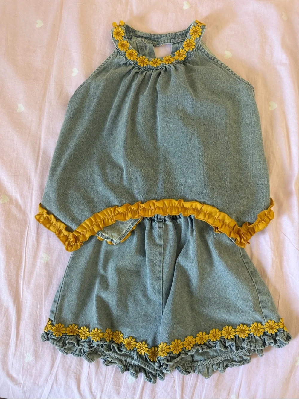 Girls' Gray Denim Shorts Set with Yellow Floral Trim